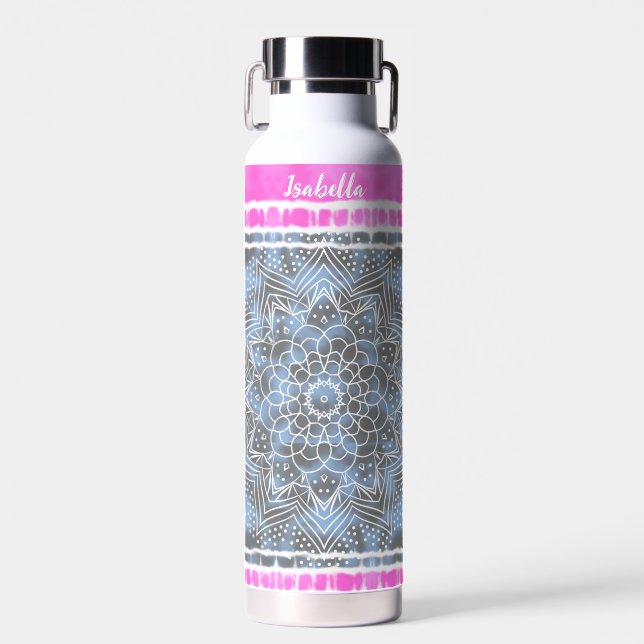 Pink white & Blue Tie dye Twist Sway in Style Water Bottle (Front)