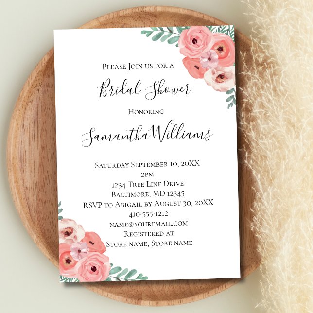 Pink White Blush Floral Greenery Bridal Shower Invitation (Pink Floral Watercolor Bridal Shower Invitation)