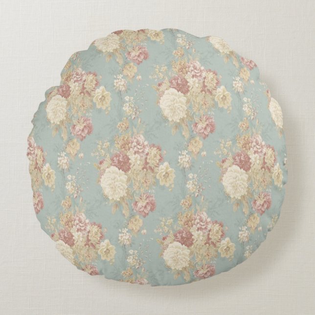 Pink White Blush Roses on Blue Background   Round Cushion (Front)