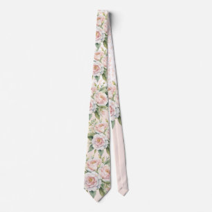 Pink White Botanical Rose Bouquet Wedding Groom Tie