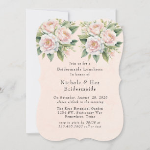 Pink White Botanical Roses Bridesmaids Luncheon Invitation