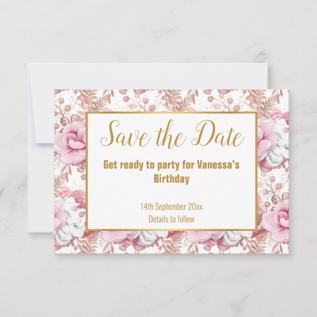 PINK WHITE BOUQUET FLOWER SAVE THE DATE GOLD ANNOUNCEMENT (Front)
