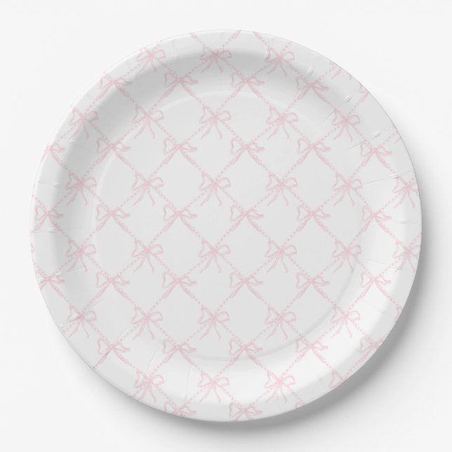 Pink & White Bow, Grandmillenial Pink Ribbon Paper Plate (Front)