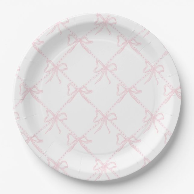 Pink & White Bow, Grandmillenial Ribbon Decor Paper Plate (Front)
