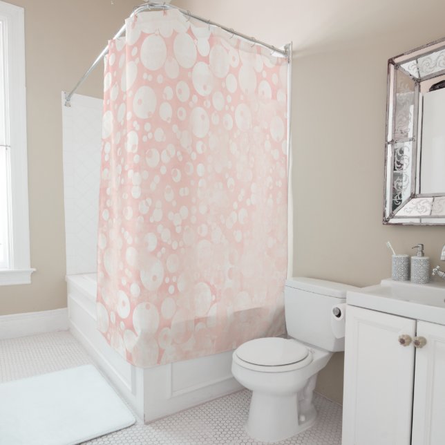 Pink white bubbles polka dots girly shower curtain (In Situ)