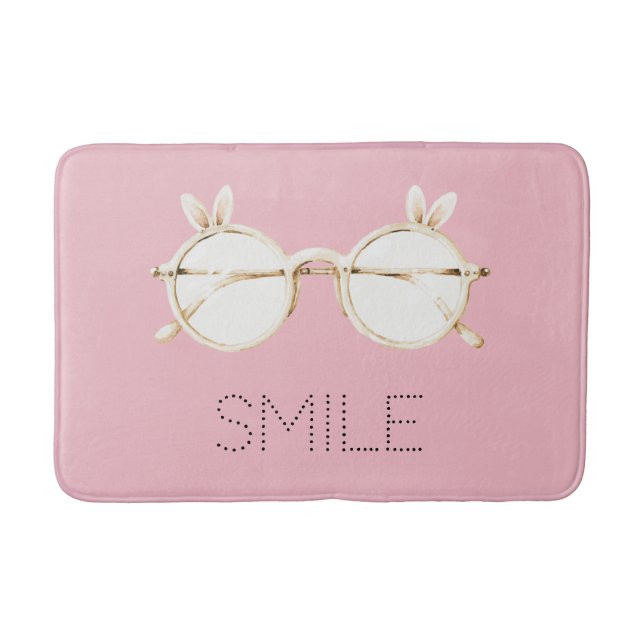 Pink White Bunny Ears Glasses Smile Bath Mat (Front)