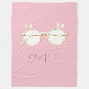 Pink White Bunny Ears Glasses Smile Fleece Blanket