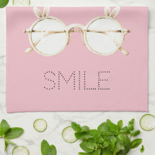 Pink White Bunny Ears Glasses Smile Tea Towel