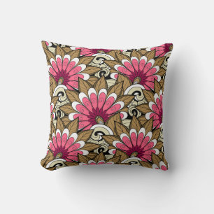 Pink White Burgundy Flowers And Swirl Brown Cushion