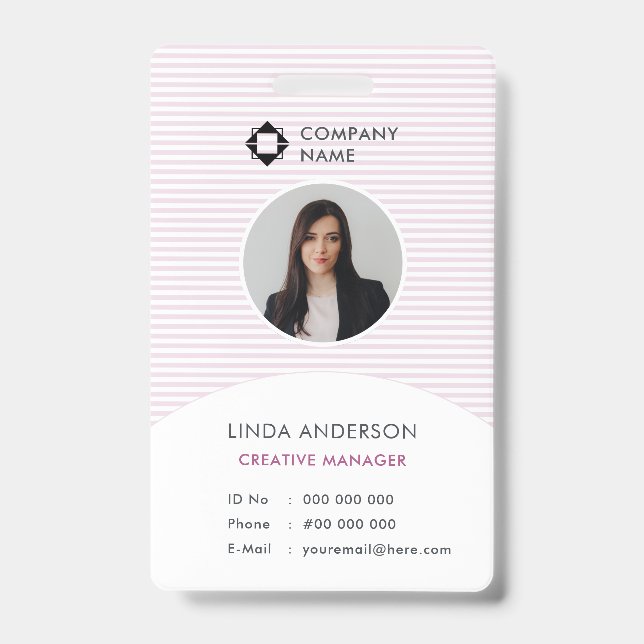 Pink White Business Logo Employee Photo Id Striped Badge (Front)