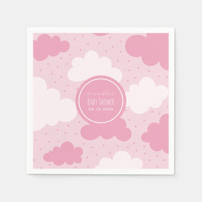 Pink & White Cartoon Clouds Girl Baby Shower Cute  Napkin (Front)