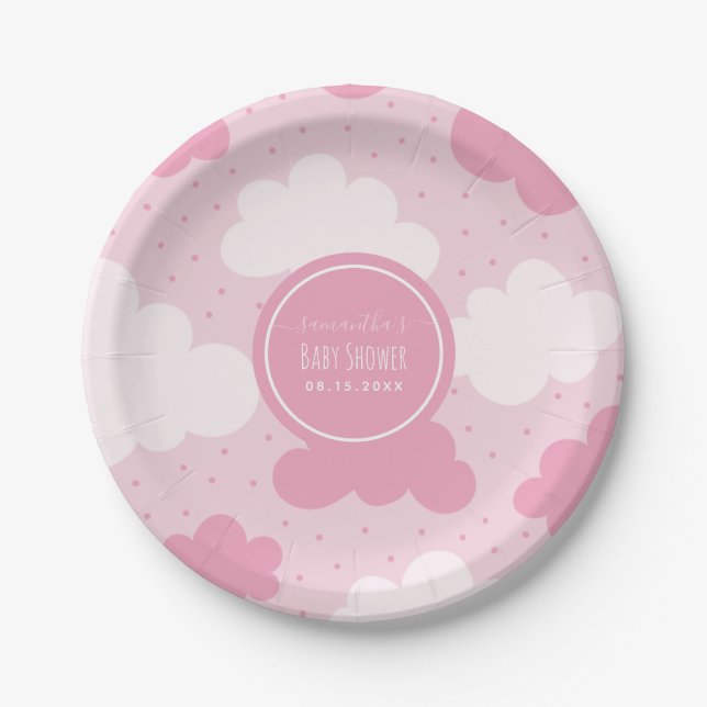 Pink & White Cartoon Clouds Girl Baby Shower Cute Paper Plate (Front)