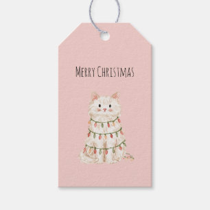Pink White Cat Christmas Tree Lights Gift Tags