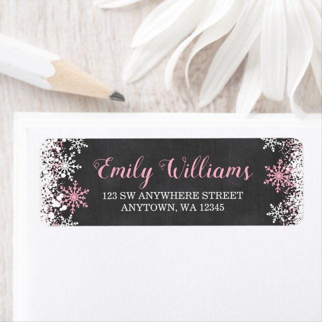 Pink White Chalkboard Snowflake Return Address (Insitu)