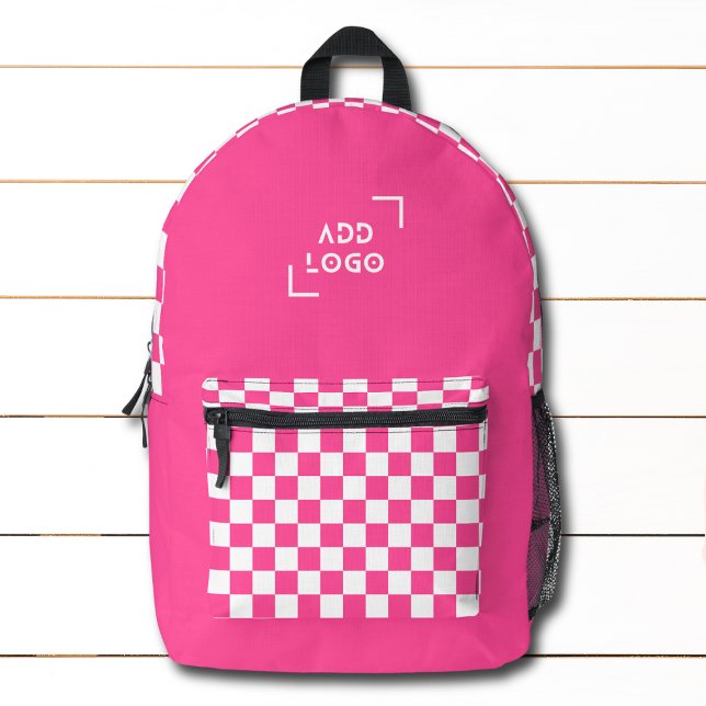 Pink White Chequerboard Check Pattern Logo Printed Backpack (Creator Uploaded)