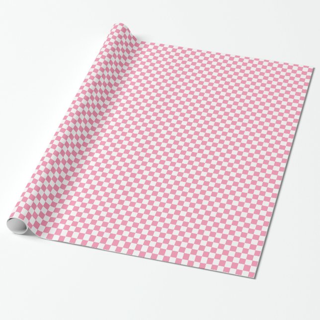 Pink white chequerboard pattern wrapping paper (Unrolled)