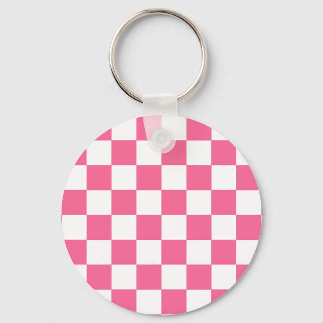 Pink White Chequered Check Pattern Key Ring (Front)