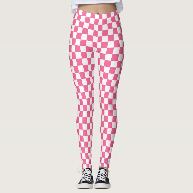 Pink White Chequered Check Pattern Leggings (Front)