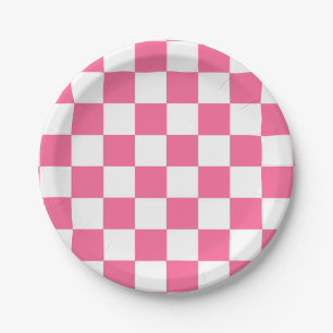 Pink White Chequered Check Pattern Paper Plate