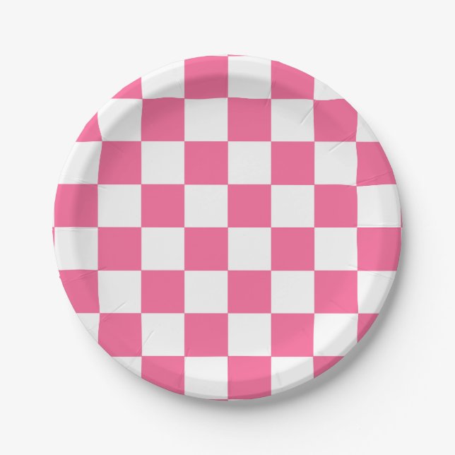 Pink White Chequered Check Pattern Paper Plate (Front)