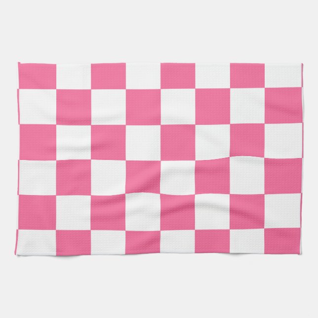 Pink White Chequered Check Pattern Tea Towel (Horizontal)