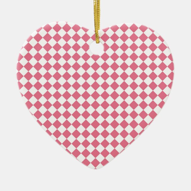 Pink White Chequered Diamond Pattern Ceramic Tree Decoration (Front)
