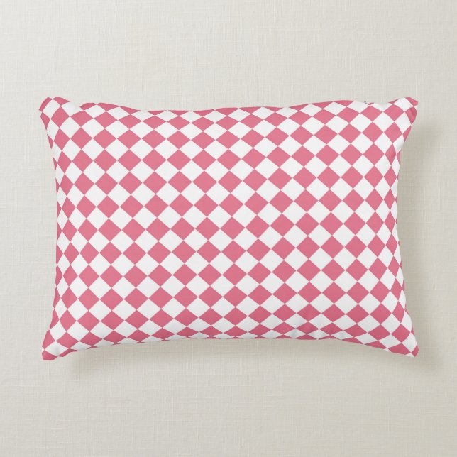 Pink White Chequered Diamond Pattern Decorative Cushion (Front)
