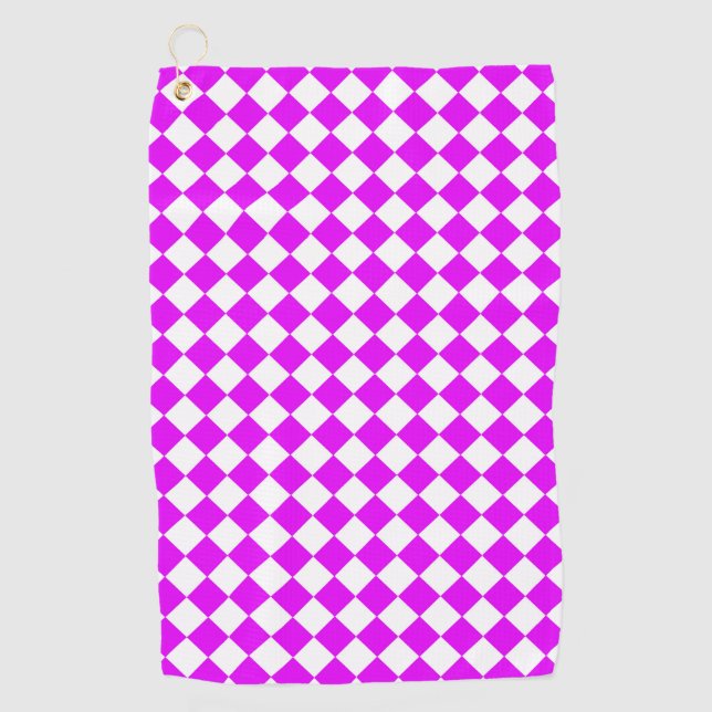 Pink White Chequered Diamond Pattern Golf Towel (Front)