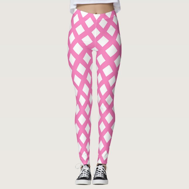 Pink White Chequered Diamond Pattern Leggings (Front)