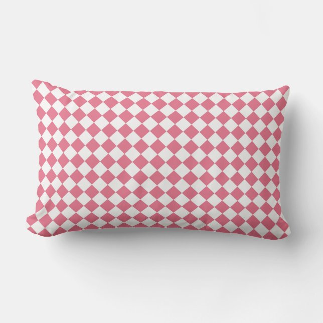 Pink White Chequered Diamond Pattern Lumbar Cushion (Front)