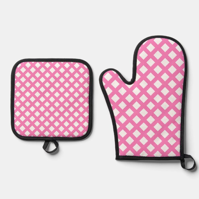 Pink White Chequered Diamond Pattern Oven Mitt & Pot Holder Set (Front)