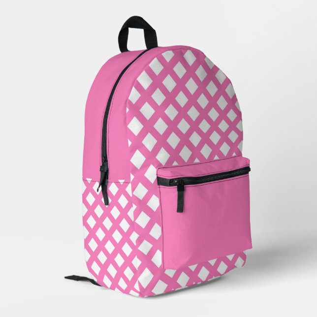 Pink White Chequered Diamond Pattern Printed Backpack (Back Corner Left)