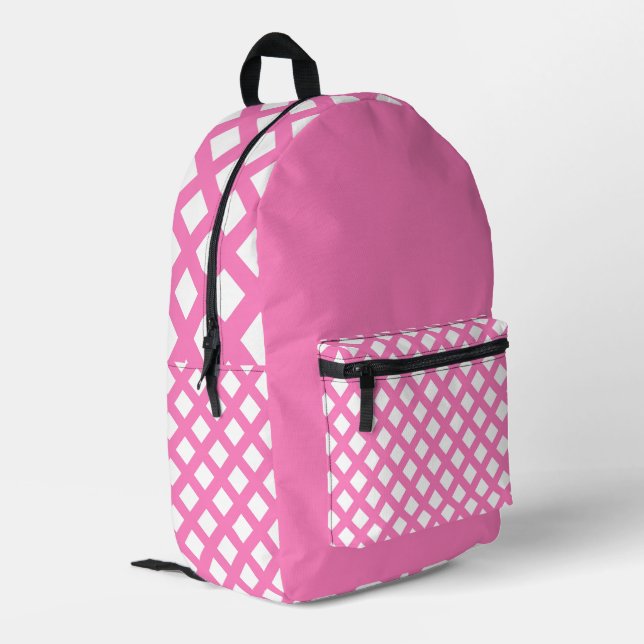 Pink White Chequered Diamond Pattern Printed Backpack (Back Corner Left)
