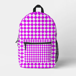 Pink White Chequered Diamond Pattern Printed Backpack
