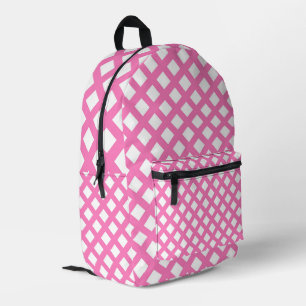 Pink White Chequered Diamond Pattern Printed Backpack