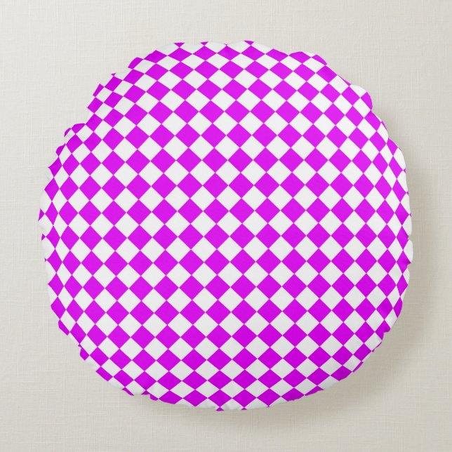 Pink White Chequered Diamond Pattern Round Cushion (Front)