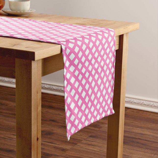 Pink White Chequered Diamond Pattern Short Table Runner (In Situ)