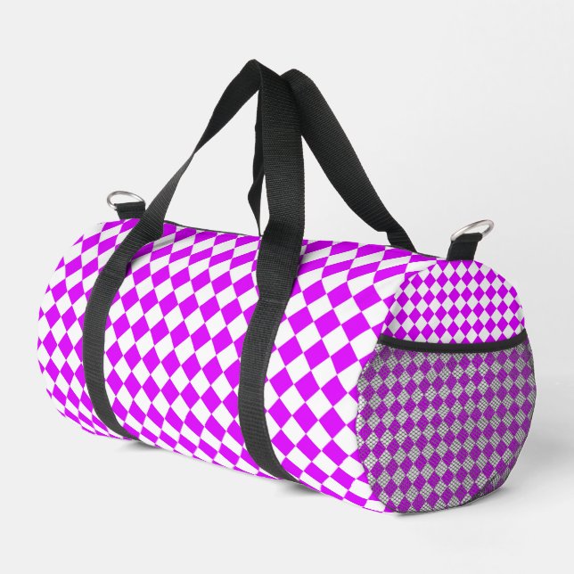Pink White Chequered Diamond Pattern Small Duffle Bag (Right Corner)