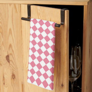 Pink White Chequered Diamond Pattern Tea Towel