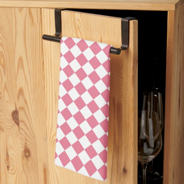 Pink White Chequered Diamond Pattern Tea Towel (Thirds Fold)