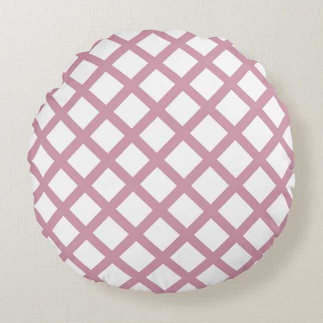 Pink White Chequered Diamond Stripes Pattern Round Cushion (Front)
