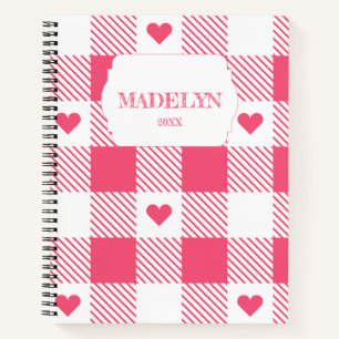 pink &white chequered heart pattern monogram name notebook