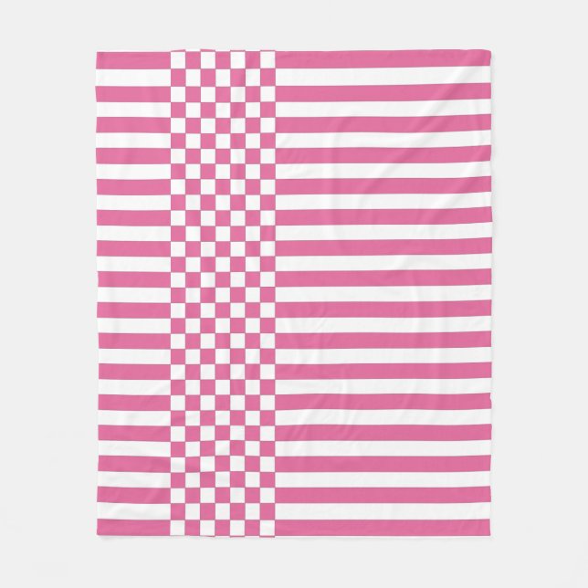 Pink & White Chequered & Stripes Repeat Pattern Fleece Blanket (Front)