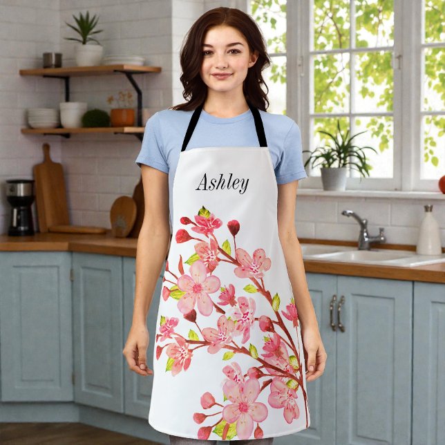 Pink White Cherry Blossom Flowers Chic Apron (Creator Uploaded)