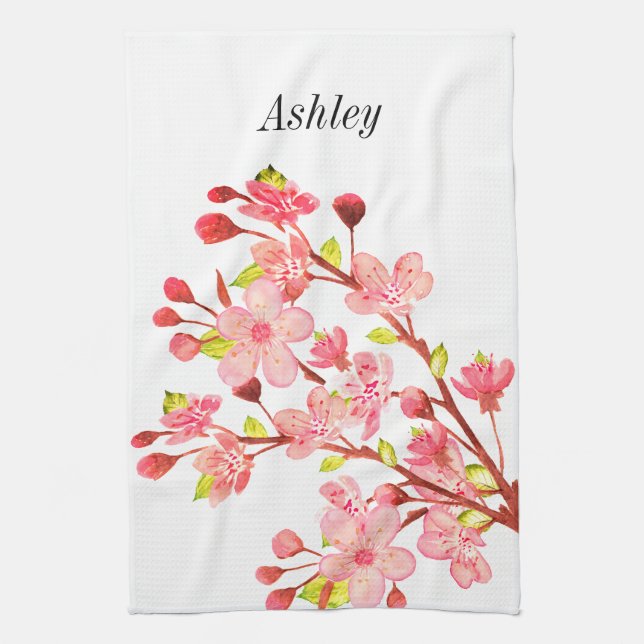 Pink White Cherry Blossom Flowers Chic Tea Towel (Vertical)