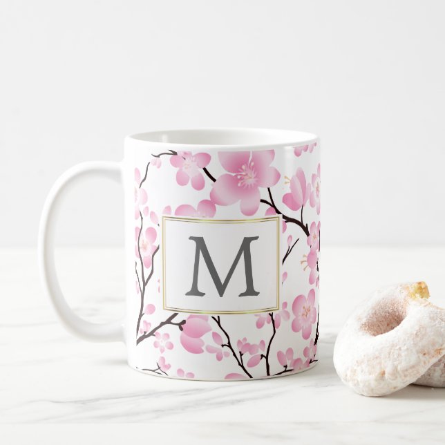 pink white cherry blossom initial customisable mug (With Donut)