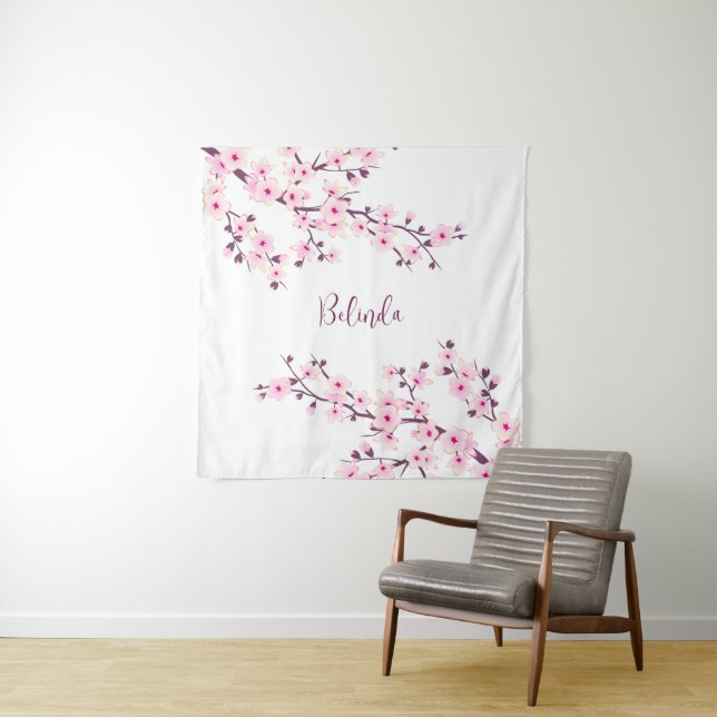 Pink White Cherry Blossom Monogram Tapestry (In Situ)