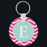 Pink White Chevron Mint Teal Monogram Key Ring<br><div class="desc">Customise this vibrant pink and white chevron pattern and pastel turquoise monogram design with your initial.</div>