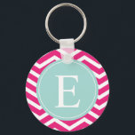 Pink White Chevron Mint Teal Monogram Key Ring<br><div class="desc">Customise this vibrant pink and white chevron pattern and pastel turquoise monogram design with your initial.</div>