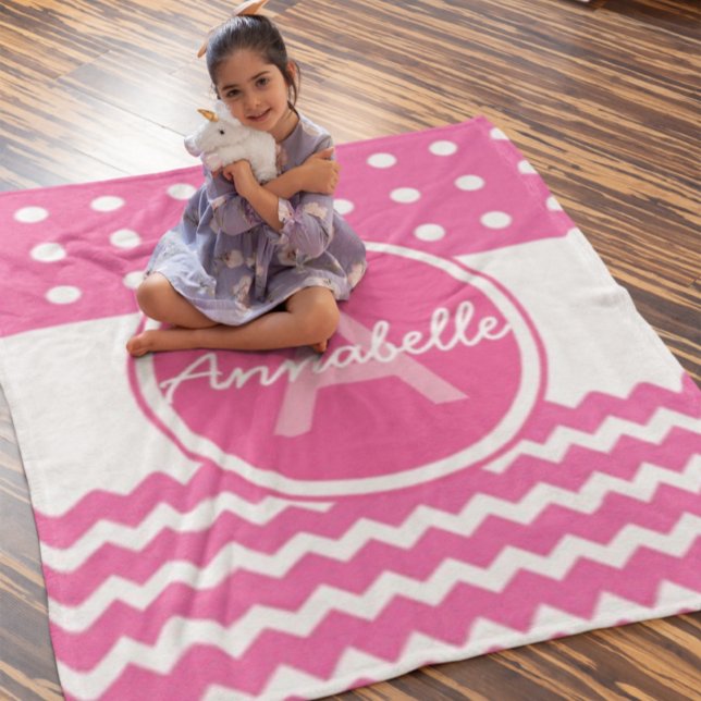 Pink White Chevron Monogram Personalised Fleece Blanket (Creator Uploaded)